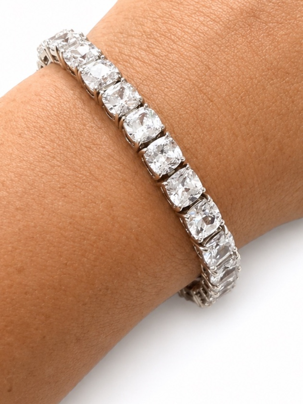 925 Sterling Silver Tennis Bracelet 7” Cushion Cut Clear CZ Thailand 22.5g